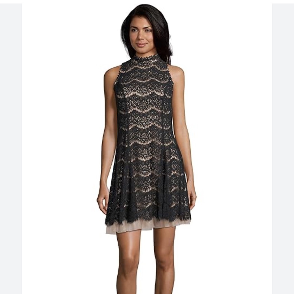Three Hearts Black and Tan Sleeveless A-line Mini Dress